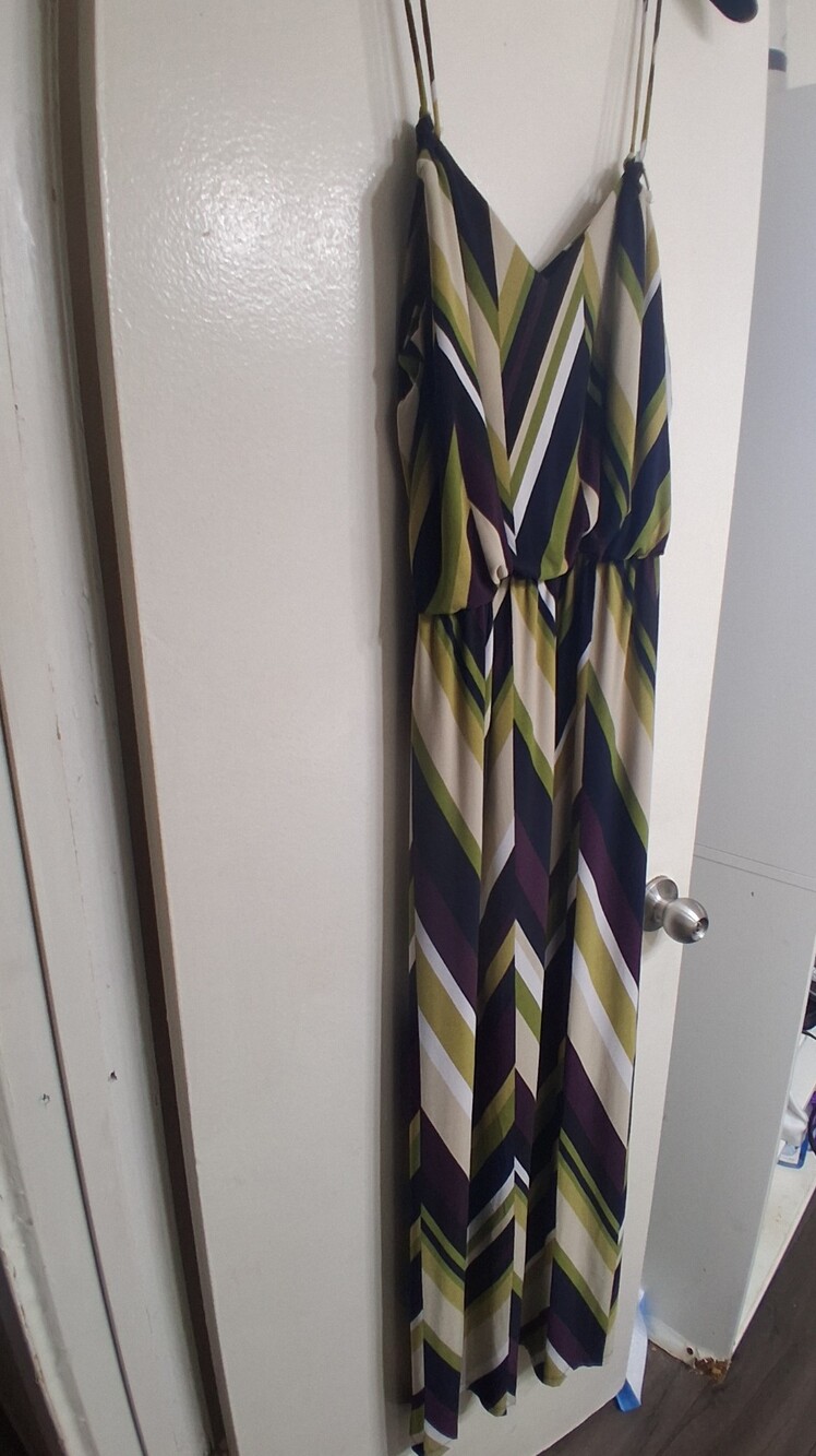 Striped V-Neck Maxi Dress in Olive & Navy & Purple